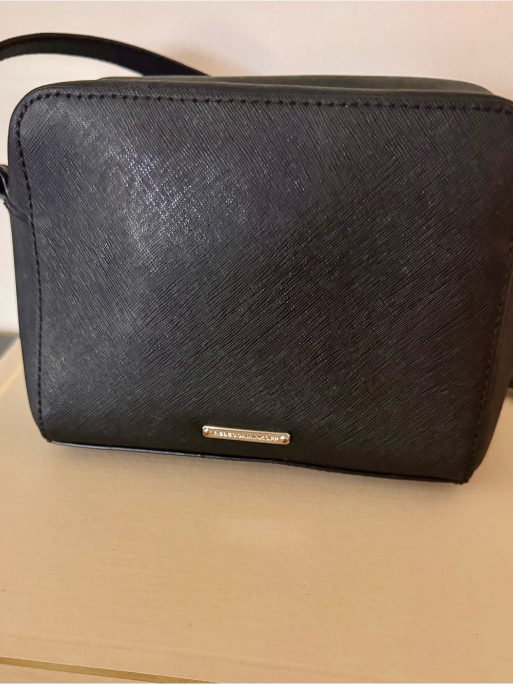 Rebecca Minkoff Black Saffiano Leather Crossbody Bag with Silver Accent